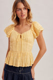 Sweetheart Neck Ribbon Tie Flutter Sleeve Smock Back Top