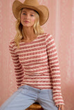 Light Pink Mauve Textured Ribbed Stripe Long Sleeve Top