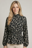 Printed Long Sleeve Mock Neck Smocking Waist Blouse