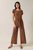 Round Neck Cap Sleeve Waist Tie Patch Pocket Jumpsuit