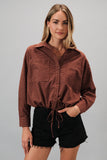 Button Down Micro Plaid Shirt With Draw String Hem