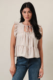 Round Neck Ruffled Cap Sleeve Front Tie Detail Stripe Top