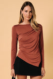 Wide Round Neck Long Sleeve Shirring Detail Top