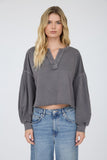 Notch Neck Boxy Long Sleeve Knit Crop Top