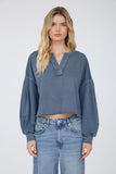 Notch Neck Boxy Long Sleeve Knit Crop Top