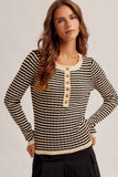 Pointelle Stripe Knit Henley Top