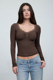 Lace Trim Button Detail Long Sleeve Knit Top
