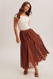 Lace Inserted Satin Midi Skirt With Elastic Waistband