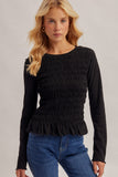 Crewneck Ruched Detail Ruffled Hem Top
