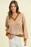 V-Neck Oversized Vertical Stripe Two-tone Ribbed Top