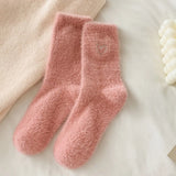 Pink Heart Fluffy Socks Women Winter Warm Cozy