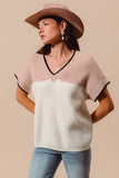 Contrast Color Block Yoke V Neck Sweater Top