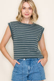 Crew Neck Short Sleeve French Terry Striped Top