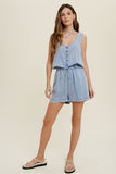 Washed Tencel Button Up Tank Romper with Drawstring