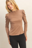 Elegant Puff-sleeve Fitted Top With Keyhole Back