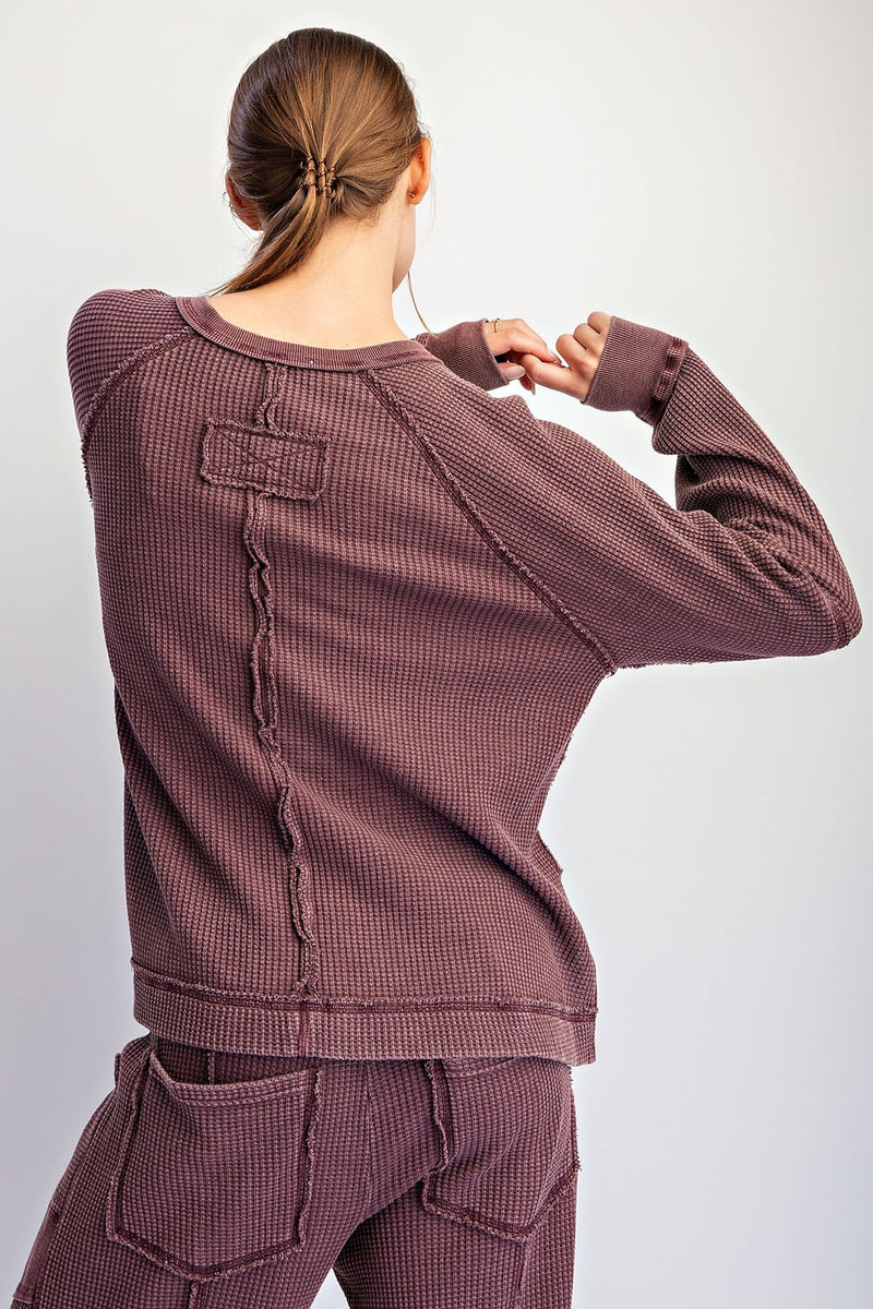 Mineral Washed Waffle Raglan Long Sleeve Top