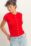 Button Front Short Sleeve Knit Top