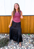 Lace Inserted Satin Midi Skirt With Elastic Waistband