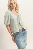 Gingham Bow Tie Puff Sleeve Blouse