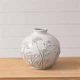 Short Debossed Botanical Vase, Gray