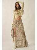Floral Chiffon Smocked Drop-waist Half-button Maxi Skirt