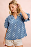 Polka Dots Printed Denim V Neck Sleeves Top