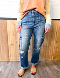 High Rise Ankle Straight Wide Cuffed Jeans