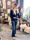 Mid Rise Flare Distress & Fray Hem Jeans