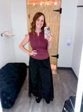 Lace Inserted Satin Midi Skirt With Elastic Waistband