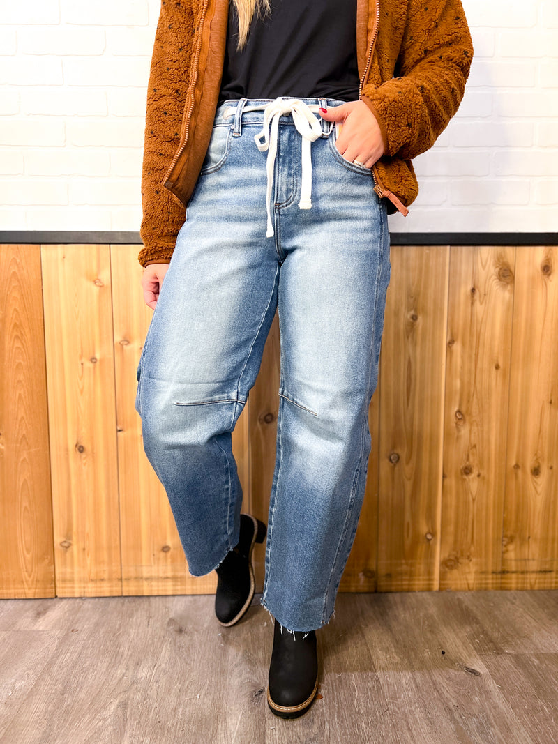 RISEN Slouchy Ankle Barrel Jeans With Waistband Drawstring
