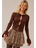 Rib-knit Tie-front Cropped Trumpet-sleeve Cardigan Sweater