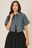 Denim Cropped Short Sleeve Button Up Top