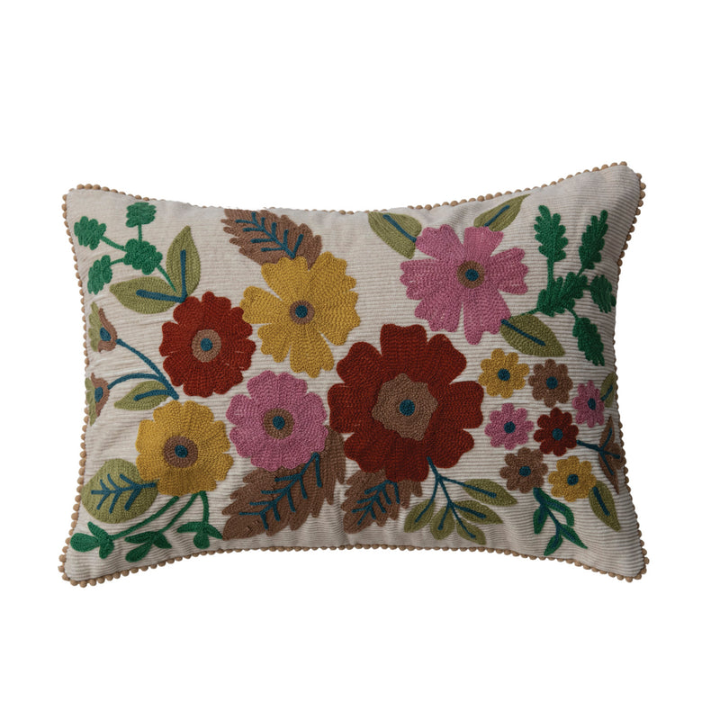 Cotton Corduroy Lumbar Pillow with Embroidery & Mini Pom Pom Trim
