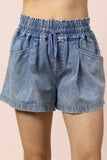 Elastic Waist Mineral Washed Chambray Shorts
