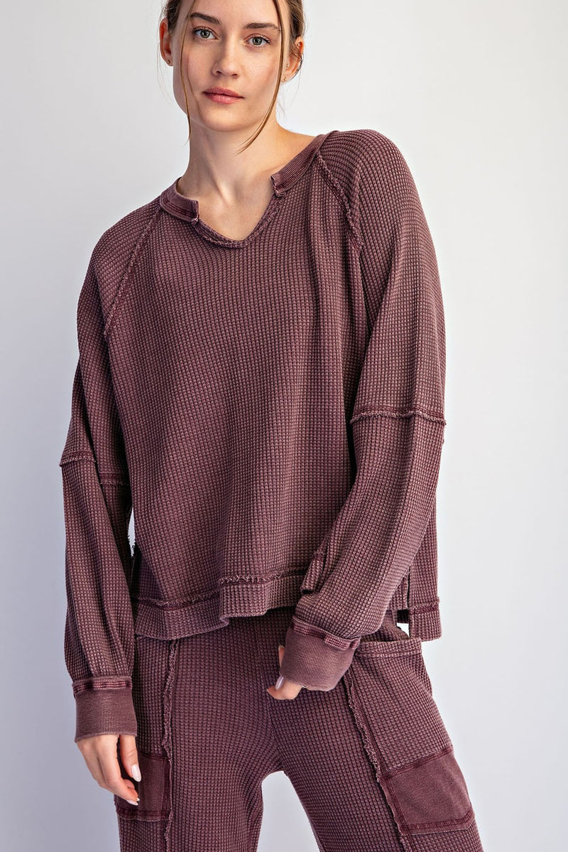 Mineral Washed Waffle Raglan Long Sleeve Top