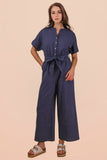 Half Button-down Stripe Linen Woven Jumpsuit