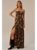 Floral Satin Asymmetrical Strapless Drop-waist Maxi Dress