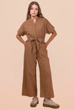 Half Button-down Stripe Linen Woven Jumpsuit