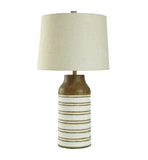 BALLINDENY | Farmhouse Table Lamp with Carved Faux Wood and White Stripe Base