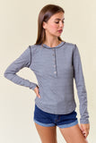 STRIPED RIB EXPOSED SEAMING LONG SLEEVE HENLEY TOP