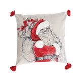 20"sq Cotton Chambray Printed Pillow W Santa &tassels