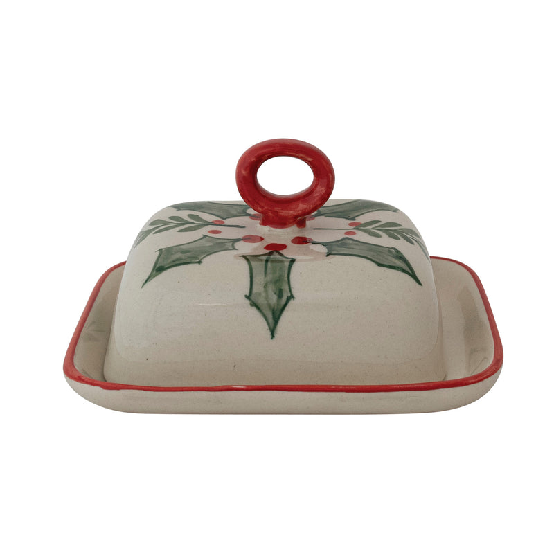 Stoneware Butter Dishw Holiday Botanicals & Colored Handle