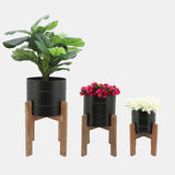 Metal, planter with wooden stand, black